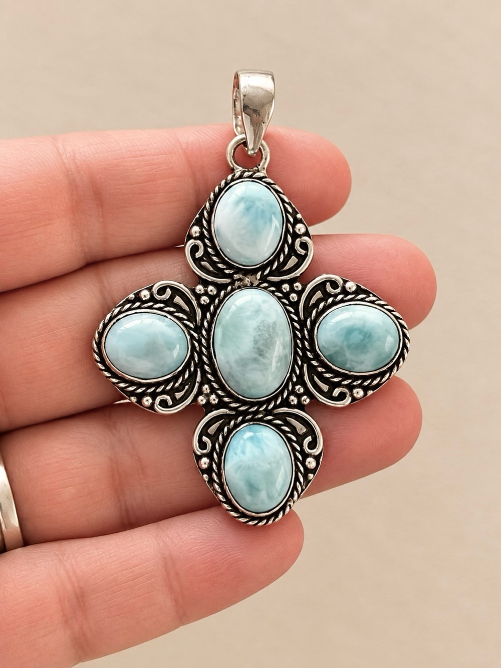 5-stone Natural Larimar Cross 925 Silver 2.5” Pendant